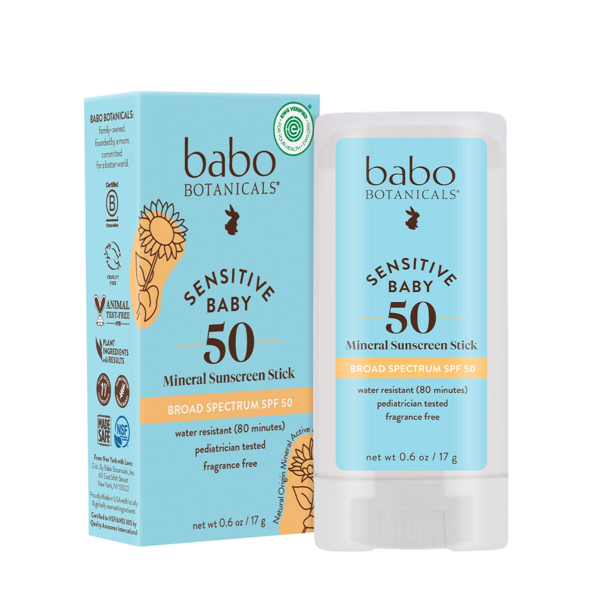 Babo Botanicals Sensitive Baby Mineral Sunscreen Stick SPF 50 - 70% Organic Ingredients - Zinc Oxide - NSF & MADE SAFE and EWG Certified - Maple Wellness Supplements