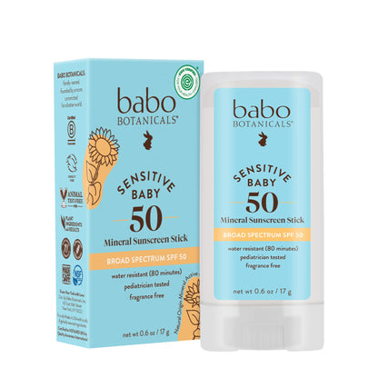 Babo Botanicals Sensitive Baby Mineral Sunscreen Stick SPF 50 - 70% Organic Ingredients - Zinc Oxide - NSF & MADE SAFE and EWG Certified - Maple Wellness Supplements
