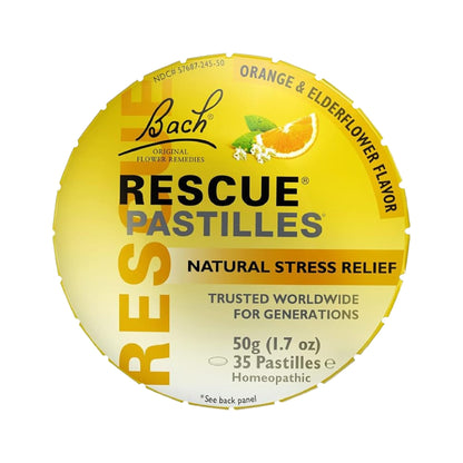 Bach Rescue PASTILLES, Orange and Elderflower Flavor, Natural Stress Relief Lozenges, Homeopathic Flower Essence, Vegetarian, Gluten & Sugar-Free, 35 Count - Maple Wellness Supplements