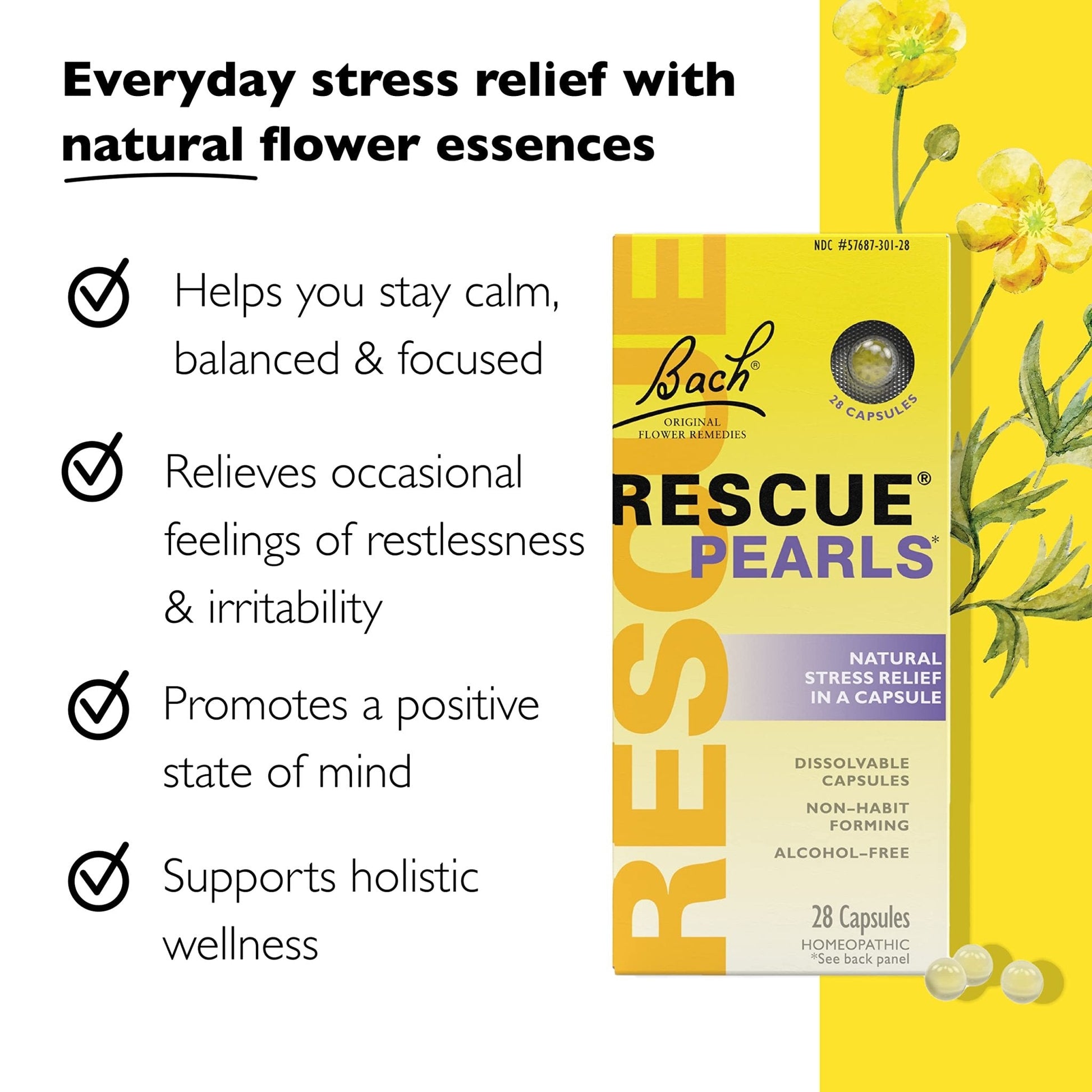 Bach RESCUE PEARLS, Natural Orange Vanilla Flavor, Natural Stress Relief, Homeopathic Flower Essence, Quick-Dissolve, Gluten & Sugar-Free, 28 Count - Maple Wellness Supplements