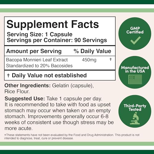 Bacopa Monnieri Capsules 20% Bacosides 450mg, 90 Count (Manufactured in USA - Maple Wellness Supplements