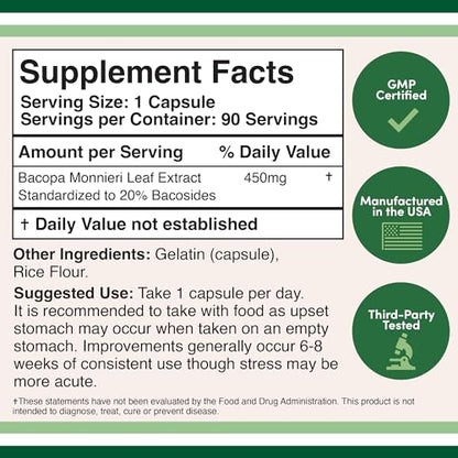 Bacopa Monnieri Capsules 20% Bacosides 450mg, 90 Count (Manufactured in USA - Maple Wellness Supplements