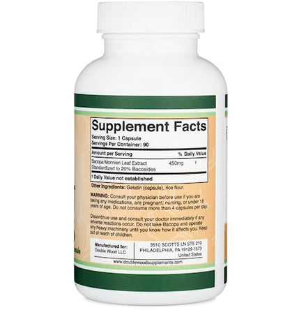 Bacopa Monnieri Capsules 20% Bacosides 450mg, 90 Count (Manufactured in USA - Maple Wellness Supplements