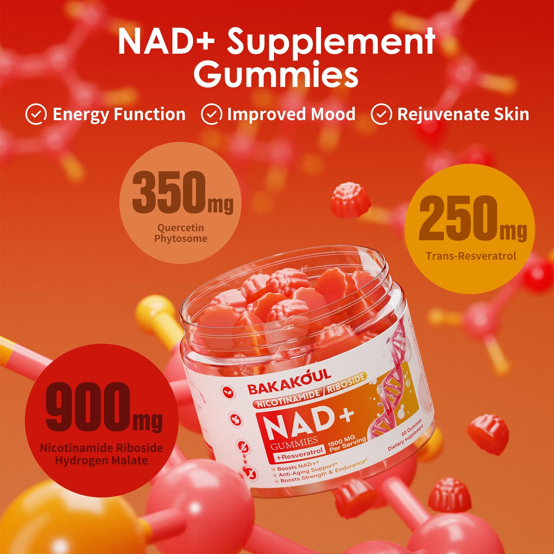 BAKAKOUL NAD Gummies, NAD Supplement - Liposomal Nicotinamide Riboside, Resveratrol, Quercetin, NAD Nicotinamide Riboside Resveratrol 900mg, NAD+ Supplement for Men and Women, 60 Gummies 1 Pack - Maple Wellness Supplements