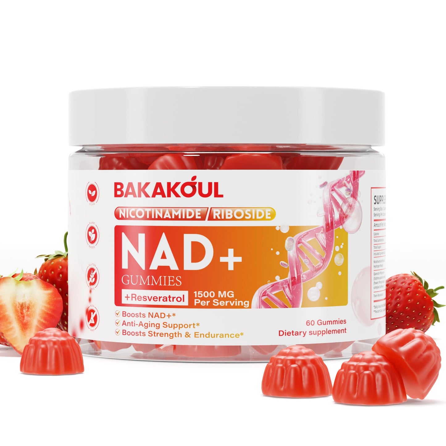 BAKAKOUL NAD Gummies, NAD Supplement - Liposomal Nicotinamide Riboside, Resveratrol, Quercetin, NAD Nicotinamide Riboside Resveratrol 900mg, NAD+ Supplement for Men and Women, 60 Gummies 1 Pack - Maple Wellness Supplements