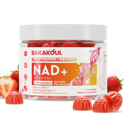 BAKAKOUL NAD Gummies, NAD Supplement - Liposomal Nicotinamide Riboside, Resveratrol, Quercetin, NAD Nicotinamide Riboside Resveratrol 900mg, NAD+ Supplement for Men and Women, 60 Gummies 1 Pack - Maple Wellness Supplements