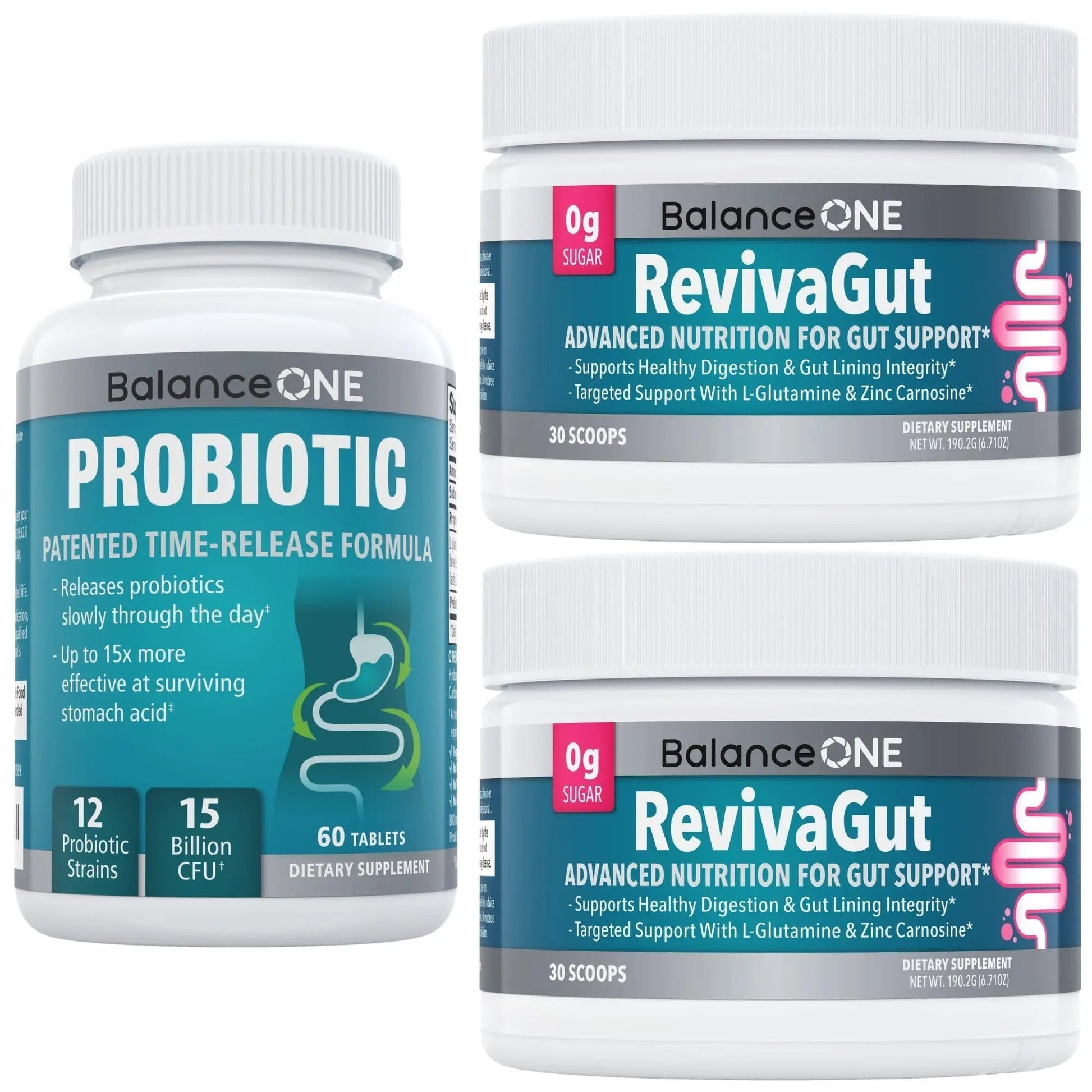 Balance ONE 2-Month Complete Digestive Support Bundle – Intestinal Barrier & Microbiome Kit – Includes 2X RevivaGut Powder & 1x Daily Probiotic (3 Pieces) - Maple Wellness Supplements