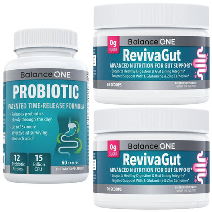 Balance ONE 2-Month Complete Digestive Support Bundle – Intestinal Barrier & Microbiome Kit – Includes 2X RevivaGut Powder & 1x Daily Probiotic (3 Pieces) - Maple Wellness Supplements