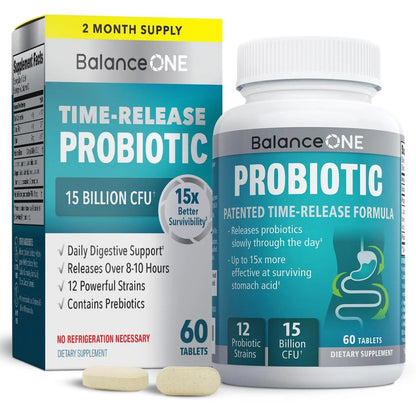 Balance ONE Time Release Probiotic – 15 Billion CFU – 12 Strains Including L. Plantarum – 15x More Survival Than Capsules – Bloating & Gas Relief – Gut & Digestive Health for Women & Men – 60 Tablets - Maple Wellness Supplements