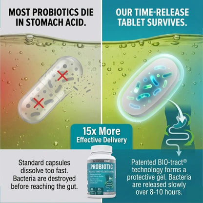 Balance ONE Time Release Probiotic – 15 Billion CFU – 12 Strains Including L. Plantarum – 15x More Survival Than Capsules – Bloating & Gas Relief – Gut & Digestive Health for Women & Men – 60 Tablets - Maple Wellness Supplements