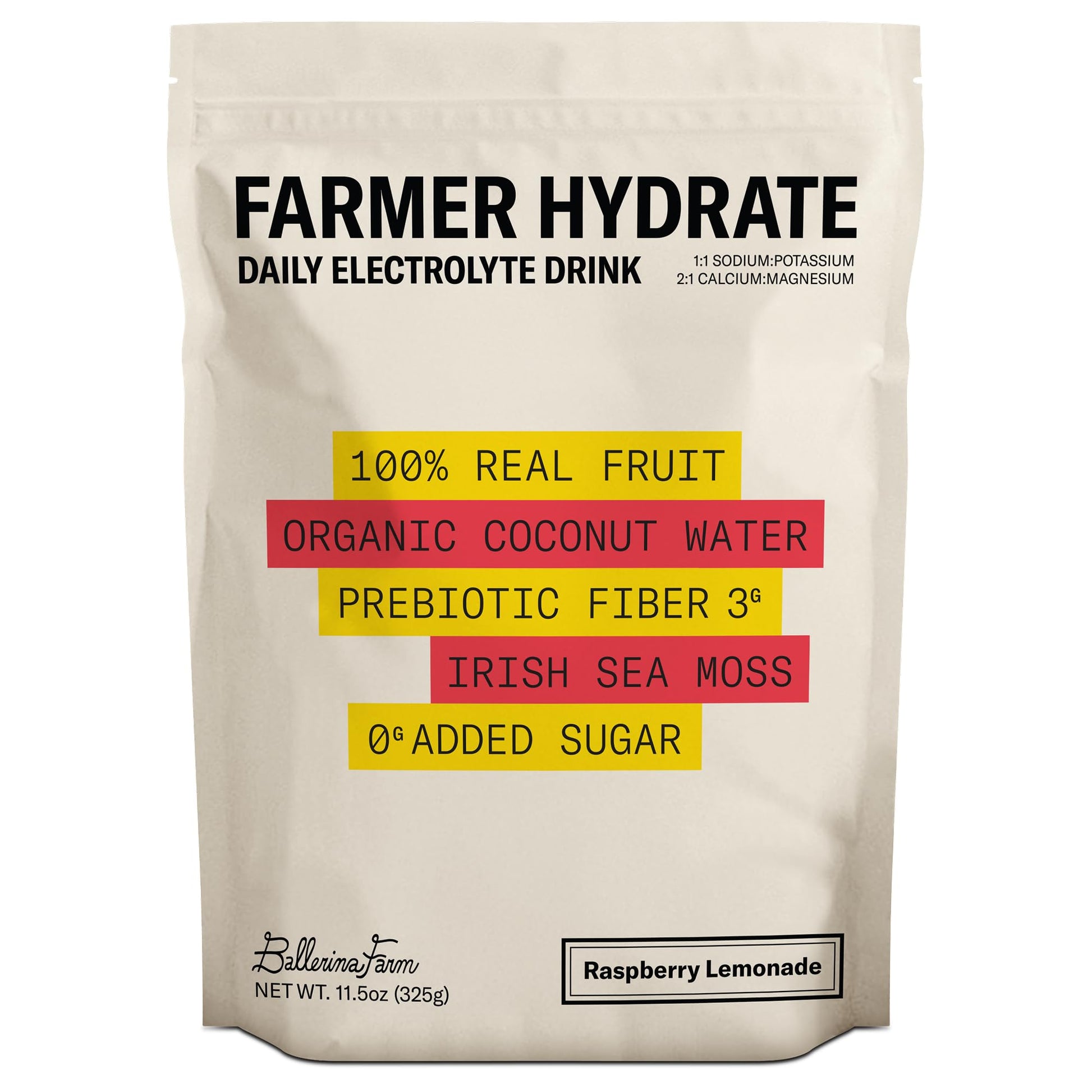 Ballerina Farm Farmer Hydrate, Daily Electrolytes Powder, Raspberry Lemonade, Hydration Drink Mix with Organic Coconut Water, Irish Sea Moss, Sea Salt, Prebiotic Fiber, No Added Sugar, 25 Servings - Maple Wellness Supplements