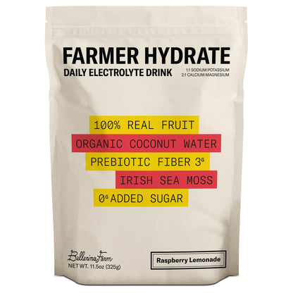 Ballerina Farm Farmer Hydrate, Daily Electrolytes Powder, Raspberry Lemonade, Hydration Drink Mix with Organic Coconut Water, Irish Sea Moss, Sea Salt, Prebiotic Fiber, No Added Sugar, 25 Servings - Maple Wellness Supplements