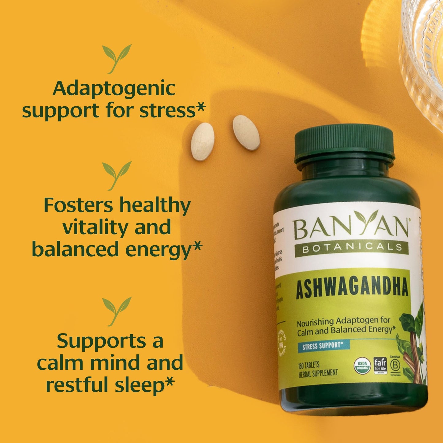 Banyan Botanicals Organic Ashwagandha - 1000mg per Serving - Cortisol Manager & Stress Relief Supplement - Adrenal Support for Mood, Restful Sleep & Muscle Recovery - 180 Tablets - Non-GMO, Vegan* - Maple Wellness Supplements
