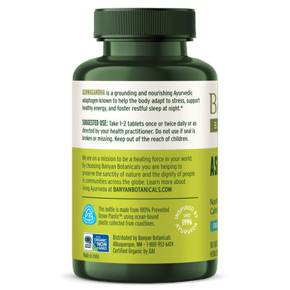 Banyan Botanicals Organic Ashwagandha - 1000mg per Serving - Cortisol Manager & Stress Relief Supplement - Adrenal Support for Mood, Restful Sleep & Muscle Recovery - 180 Tablets - Non-GMO, Vegan* - Maple Wellness Supplements