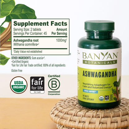 Banyan Botanicals Organic Ashwagandha - 1000mg per Serving - Cortisol Manager & Stress Relief Supplement - Adrenal Support for Mood, Restful Sleep & Muscle Recovery - 180 Tablets - Non-GMO, Vegan* - Maple Wellness Supplements