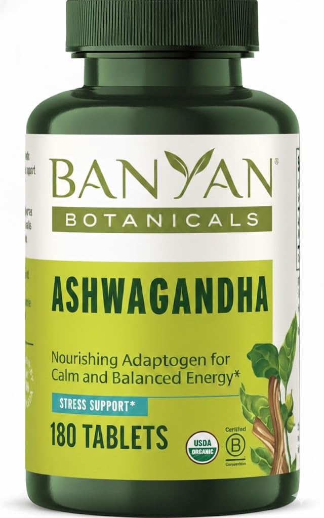 Banyan Botanicals Organic Ashwagandha - 1000mg per Serving - Cortisol Manager & Stress Relief Supplement - Adrenal Support for Mood, Restful Sleep & Muscle Recovery - 180 Tablets - Non-GMO, Vegan* - Maple Wellness Supplements