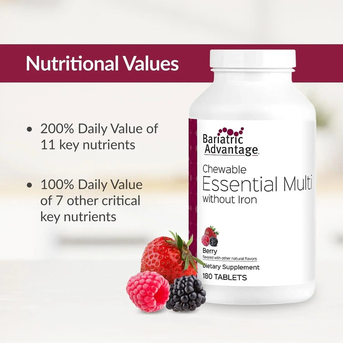 Bariatric Advantage Chewable Essential Multivitamin Without Iron - 200 DV of Key Nutrients - Trace Mineral Support - Maple Wellness Supplements