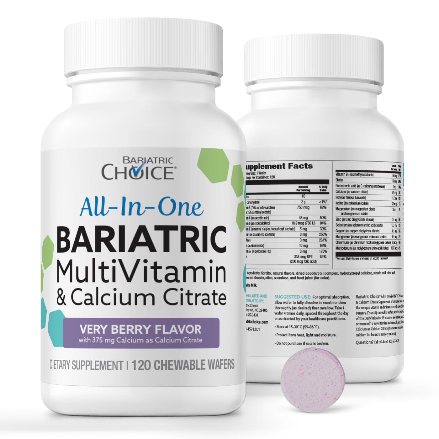Bariatric Choice All-in-One Chewable Bariatric MultiVitamin with Iron & Calcium Citrate, Very Berry (120ct) - Maple Wellness Supplements