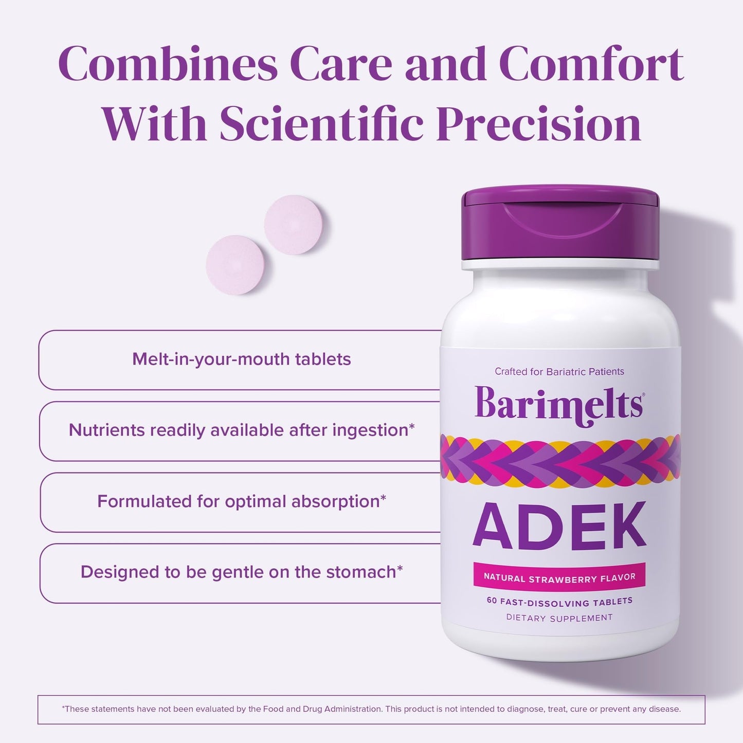 Barimelts ADEK - 60 Fast-Dissolving Tablets (2-Month Supply) - Sugar-Free Bariatric Vitamins for Women Including Vitamin A, Vitamin D, Vitamin E & Vitamin K, Natural Strawberry Flavor - Maple Wellness Supplements