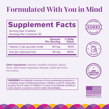 Barimelts Iron with Vitamin C, 90 Fast-Dissolving Tablets (1-Month Supply), Sugar-Free Bariatric Iron Supplement for Women, Natural Orange Flavor - Maple Wellness Supplements