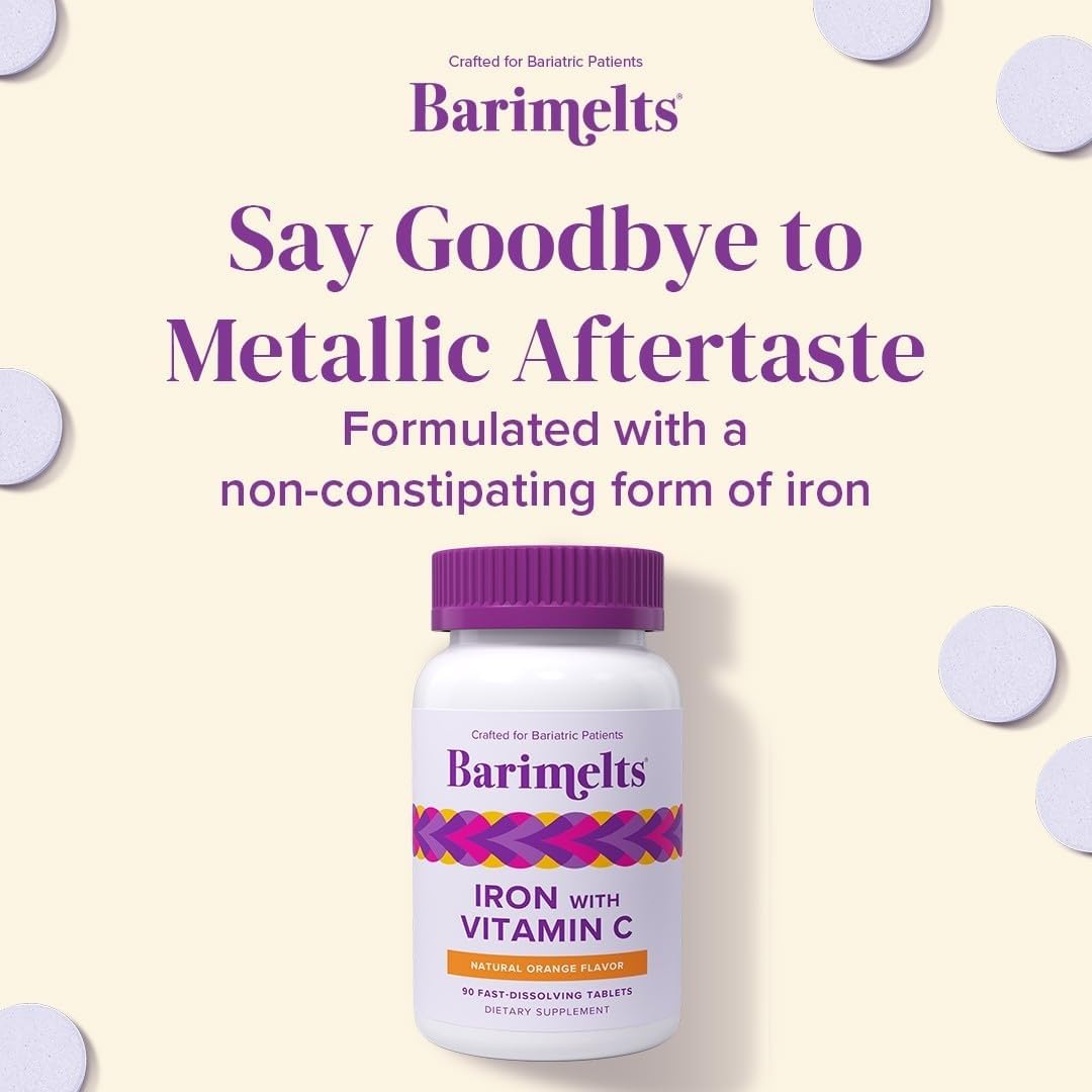 Barimelts Iron with Vitamin C, 90 Fast-Dissolving Tablets (1-Month Supply), Sugar-Free Bariatric Iron Supplement for Women, Natural Orange Flavor - Maple Wellness Supplements