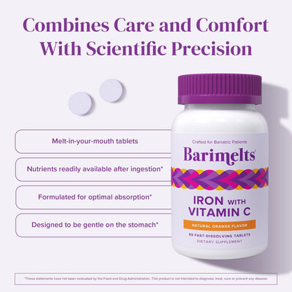 Barimelts Iron with Vitamin C, 90 Fast-Dissolving Tablets (1-Month Supply), Sugar-Free Bariatric Iron Supplement for Women, Natural Orange Flavor - Maple Wellness Supplements