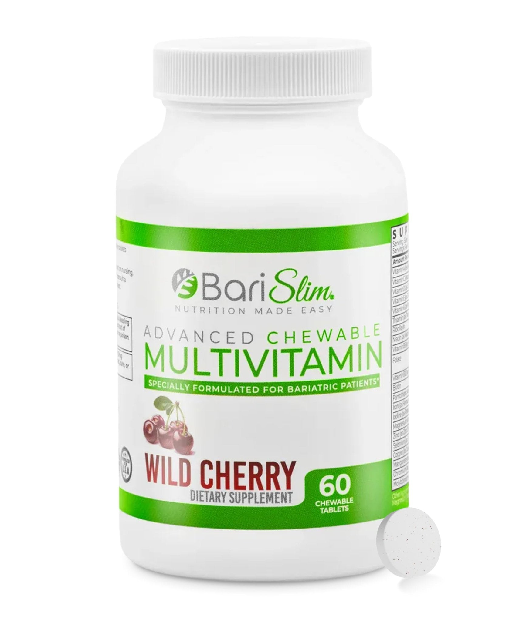 BariSlim Advanced Chewable Bariatric Multivitamin Tablets - Bariatric Vitamin and Supplement for Post Bariatric Surgery Including Gastric Bypass and Gastric Sleeve | Wild Cherry (60 Count) - Maple Wellness Supplements