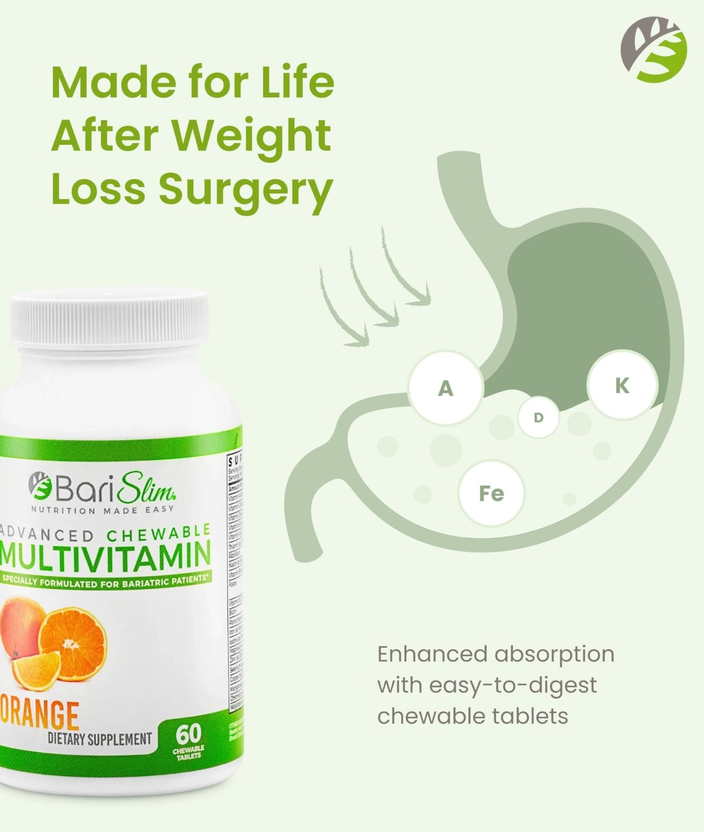 BariSlim Advanced Chewable Bariatric Multivitamin Tablets - Bariatric Vitamin and Supplement for Post Bariatric Surgery Including Gastric Bypass and Gastric Sleeve | Orange (60 Count) - Maple Wellness Supplements