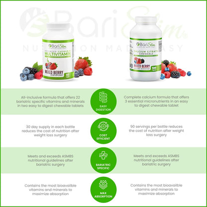 BariSlim Bariatric Calcium Citrate & Advanced Chewable Bariatric Multivitamin with Iron - Bariatric Vitamin and Supplement for Post Bariatric Surgery Including Gastric Bypass and Gastric Sleeve - Maple Wellness Supplements