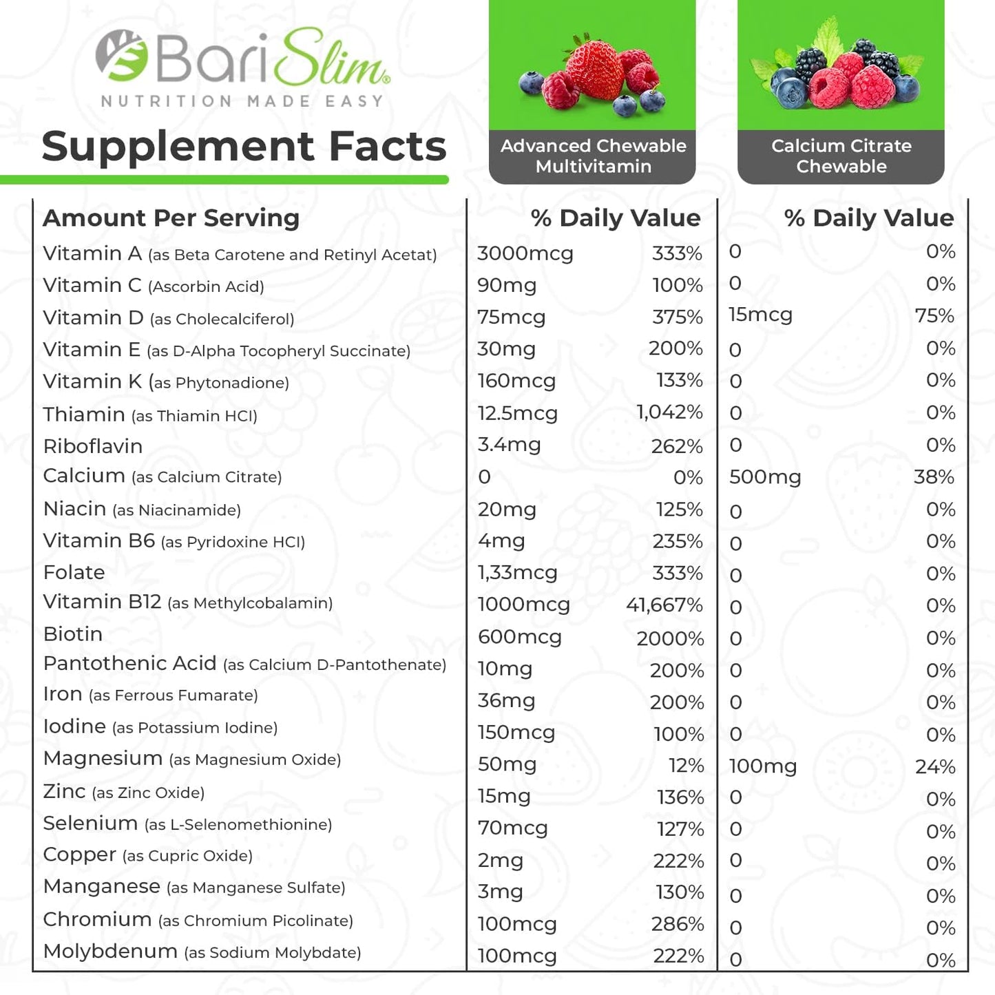 BariSlim Bariatric Calcium Citrate & Advanced Chewable Bariatric Multivitamin with Iron - Bariatric Vitamin and Supplement for Post Bariatric Surgery Including Gastric Bypass and Gastric Sleeve - Maple Wellness Supplements