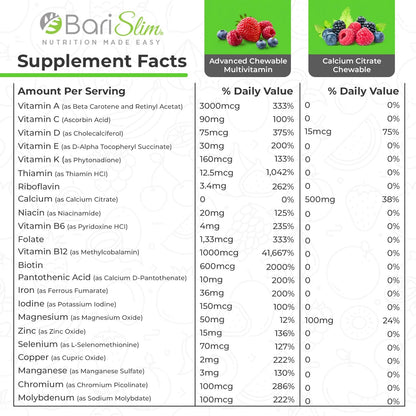 BariSlim Bariatric Calcium Citrate & Advanced Chewable Bariatric Multivitamin with Iron - Bariatric Vitamin and Supplement for Post Bariatric Surgery Including Gastric Bypass and Gastric Sleeve - Maple Wellness Supplements