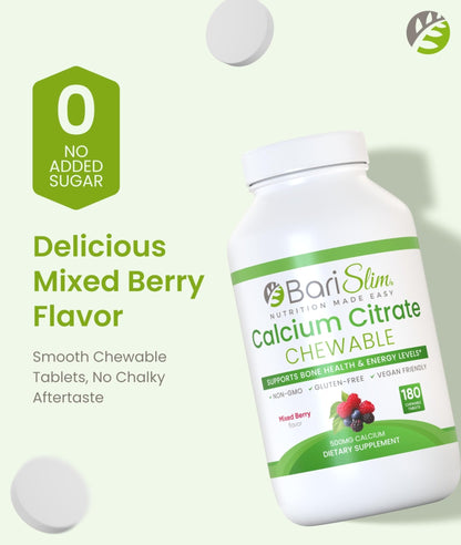 BariSlim Bariatric Calcium Citrate with Magnesium & Vitamin D Tabs - 500mg Calcium Citrate - Formulated for Post Weight Loss Surgery - Supports Bone Health | Mixed Berry | 180 Tablets - Maple Wellness Supplements