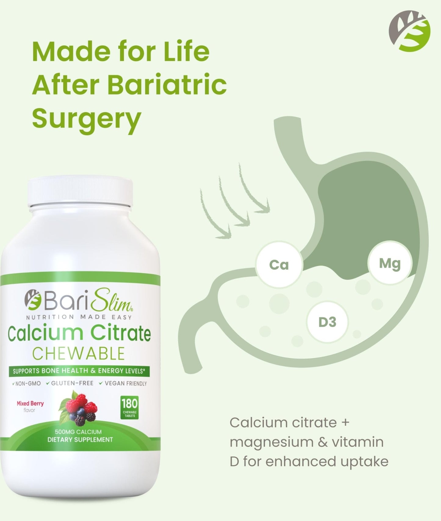 BariSlim Bariatric Calcium Citrate with Magnesium & Vitamin D Tabs - 500mg Calcium Citrate - Formulated for Post Weight Loss Surgery - Supports Bone Health | Mixed Berry | 180 Tablets - Maple Wellness Supplements