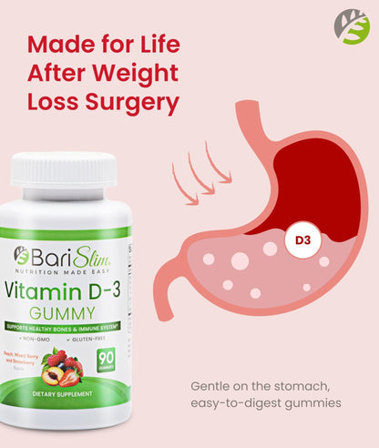 BariSlim Bariatric Vitamin D-3 Gummies - Specially Formulated Gummy Vitamin for Patients After Weight Loss Surgery - Easy to Digest and Great Tasting Fruit Flavors | 90 Fruit Chews - Maple Wellness Supplements