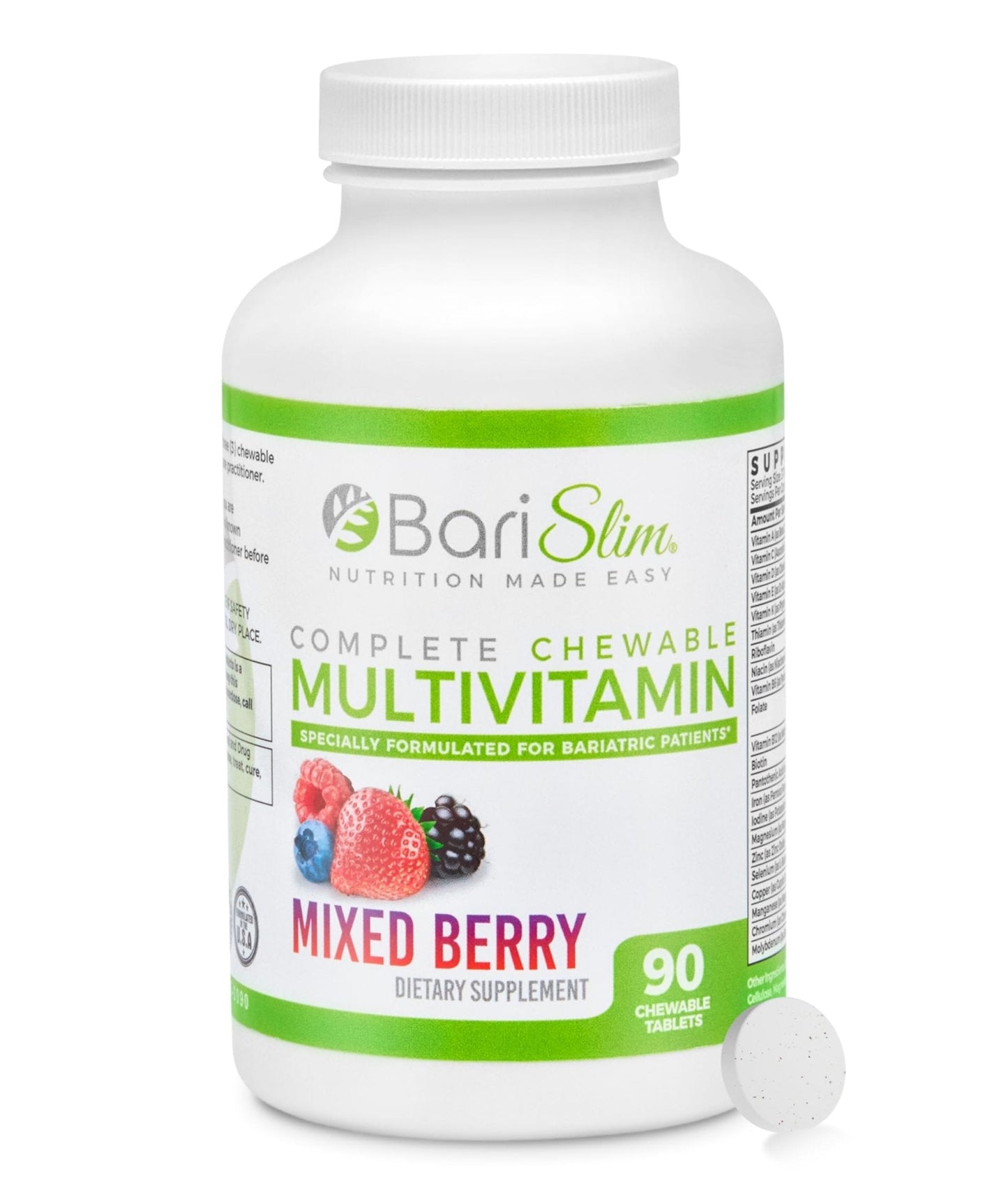 BariSlim Complete Chewable Bariatric Multivitamin Tablets - 45 mg Iron - Bariatric Vitamin & Supplement for Post Bariatric Surgery Including Gastric Bypass & Gastric Sleeve | Mixed Berry | 90 Tablets - Maple Wellness Supplements
