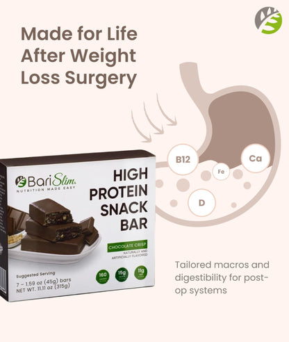 BariSlim High Protein Snack Bar for Bariatric Patients - Nutrient Rich Snack for Post-Surgery Wellness - Ideal for Weight Loss Maintenance & Daily Nutrition | Chocolate Crisp Bar (13 oz) - Maple Wellness Supplements