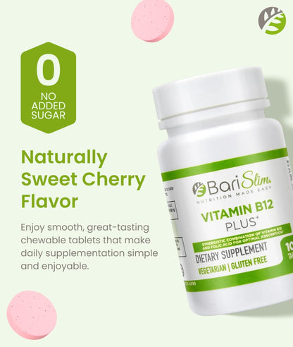 BariSlim Vitamin B12 Plus Tablets - Bariatric Formulated for Post Weight Loss Surgery, Including Gastric Bypass & Gastric Sleeve - Supports Energy Levels & Overall Health | Cherry Flavor - Maple Wellness Supplements