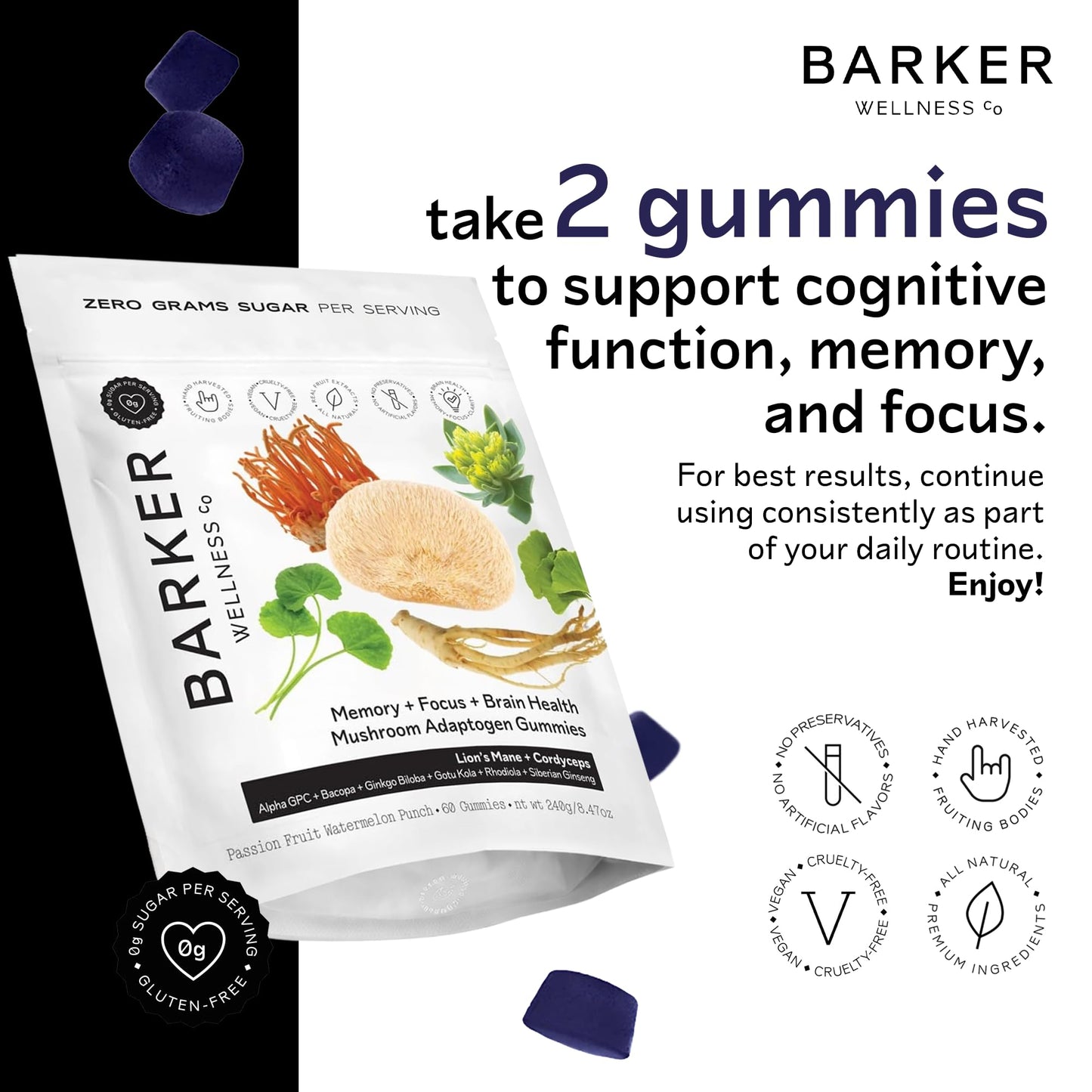 Barker Wellness Mushroom Adaptogen Gummies for Memory & Focus, Brain Health Supplement with Lion's Mane, Cordyceps, Cognizin, Vegan, Sugar-Free Passion Fruit Watermelon Flavor- 60 Count - Maple Wellness Supplements