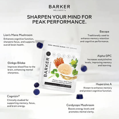 Barker Wellness Mushroom Adaptogen Gummies for Memory & Focus, Brain Health Supplement with Lion's Mane, Cordyceps, Cognizin, Vegan, Sugar-Free Passion Fruit Watermelon Flavor- 60 Count - Maple Wellness Supplements