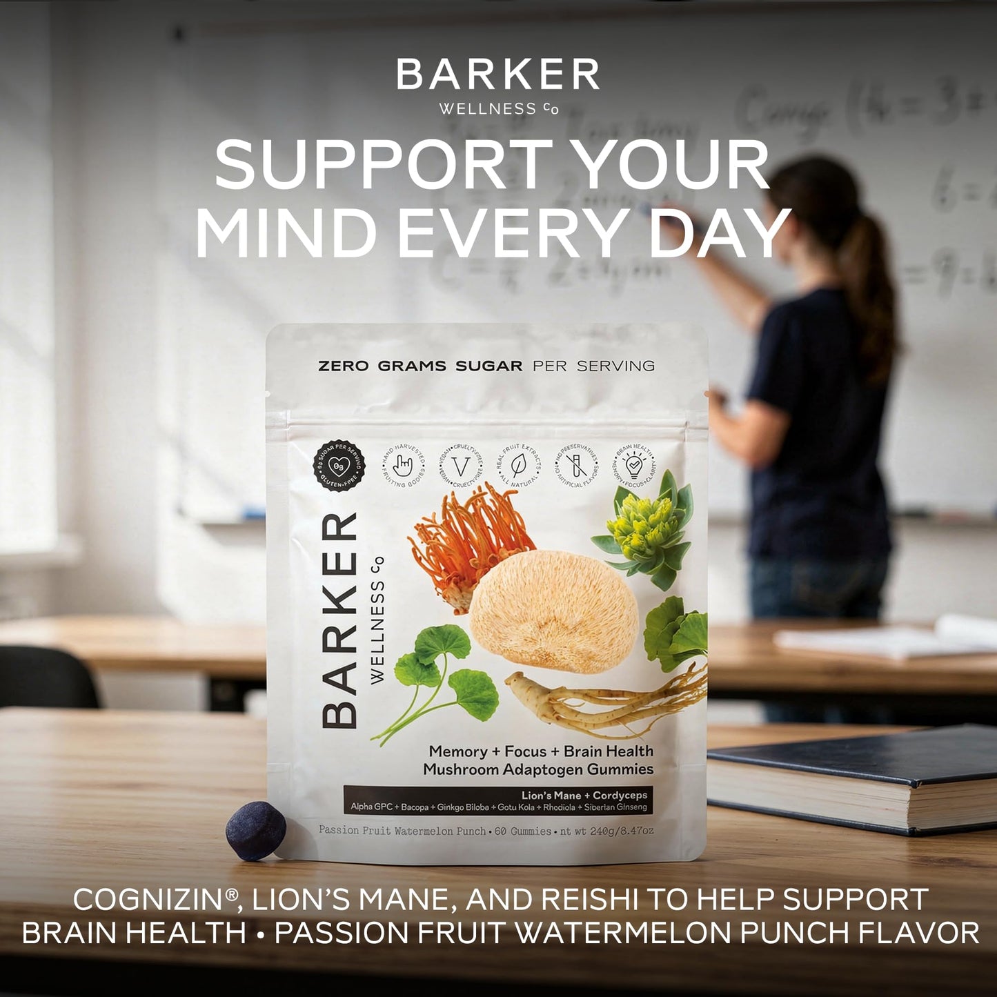 Barker Wellness Mushroom Adaptogen Gummies for Memory & Focus, Brain Health Supplement with Lion's Mane, Cordyceps, Cognizin, Vegan, Sugar-Free Passion Fruit Watermelon Flavor- 60 Count - Maple Wellness Supplements