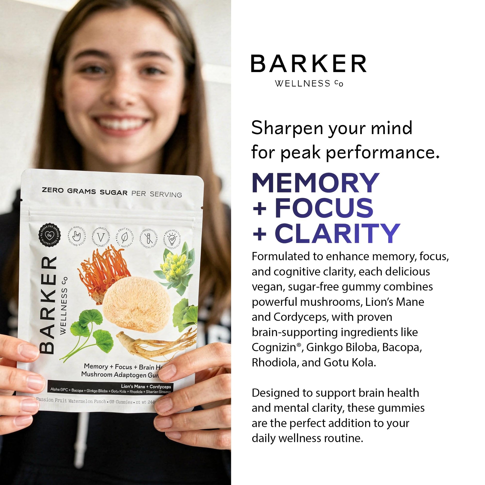 Barker Wellness Mushroom Adaptogen Gummies for Memory & Focus, Brain Health Supplement with Lion's Mane, Cordyceps, Cognizin, Vegan, Sugar-Free Passion Fruit Watermelon Flavor- 60 Count - Maple Wellness Supplements