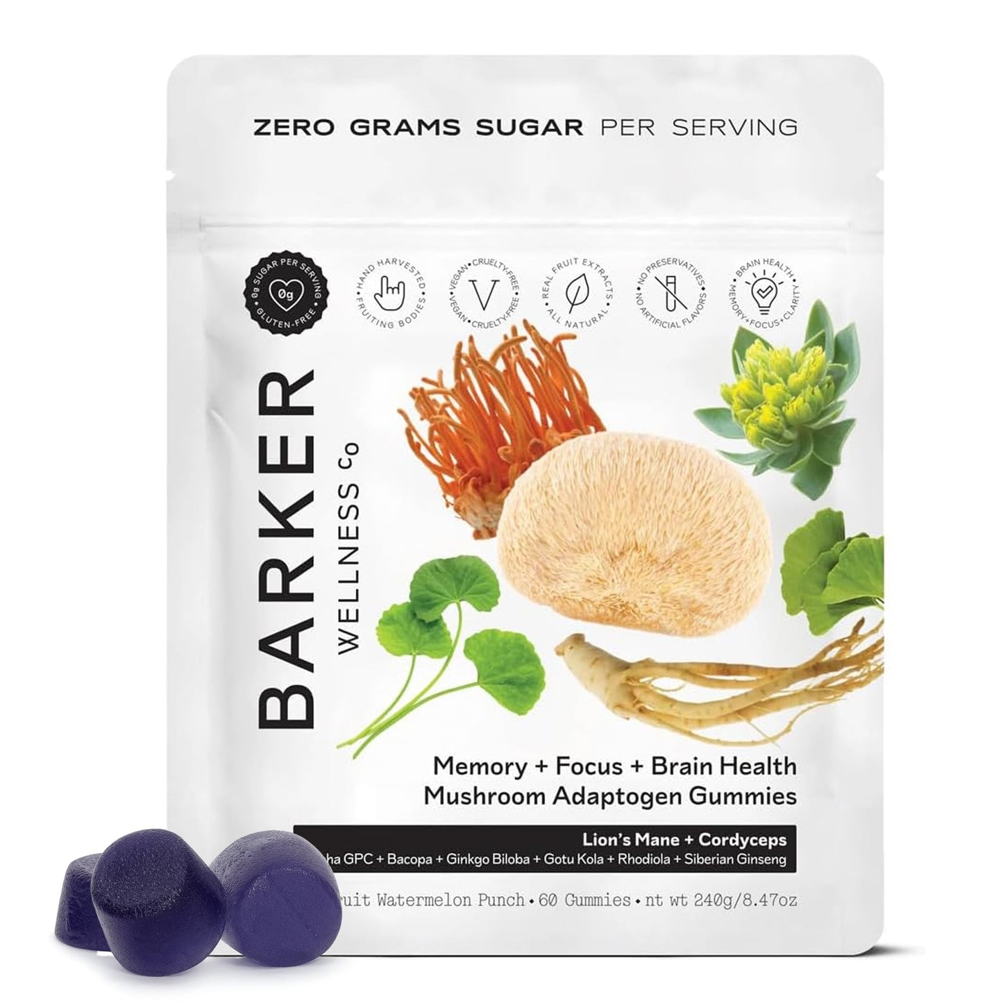 Barker Wellness Mushroom Adaptogen Gummies for Memory & Focus, Brain Health Supplement with Lion's Mane, Cordyceps, Cognizin, Vegan, Sugar-Free Passion Fruit Watermelon Flavor- 60 Count - Maple Wellness Supplements