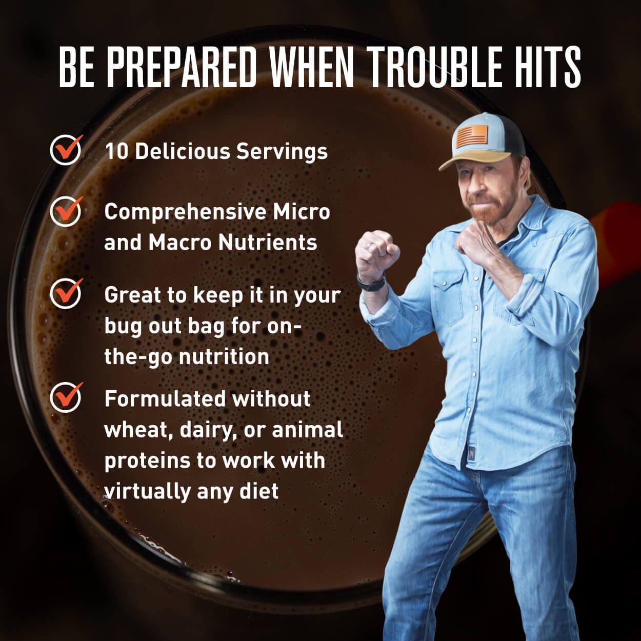 Basecamp Complete Nutrition Shake by Chuck Norris Roundhouse Provisions – Plant-Based Emergency Meal with 18g Protein & 28 Essential Nutrients – Rich Chocolate Flavor – 10 Servings, 3-Year Shelf Life - Maple Wellness Supplements