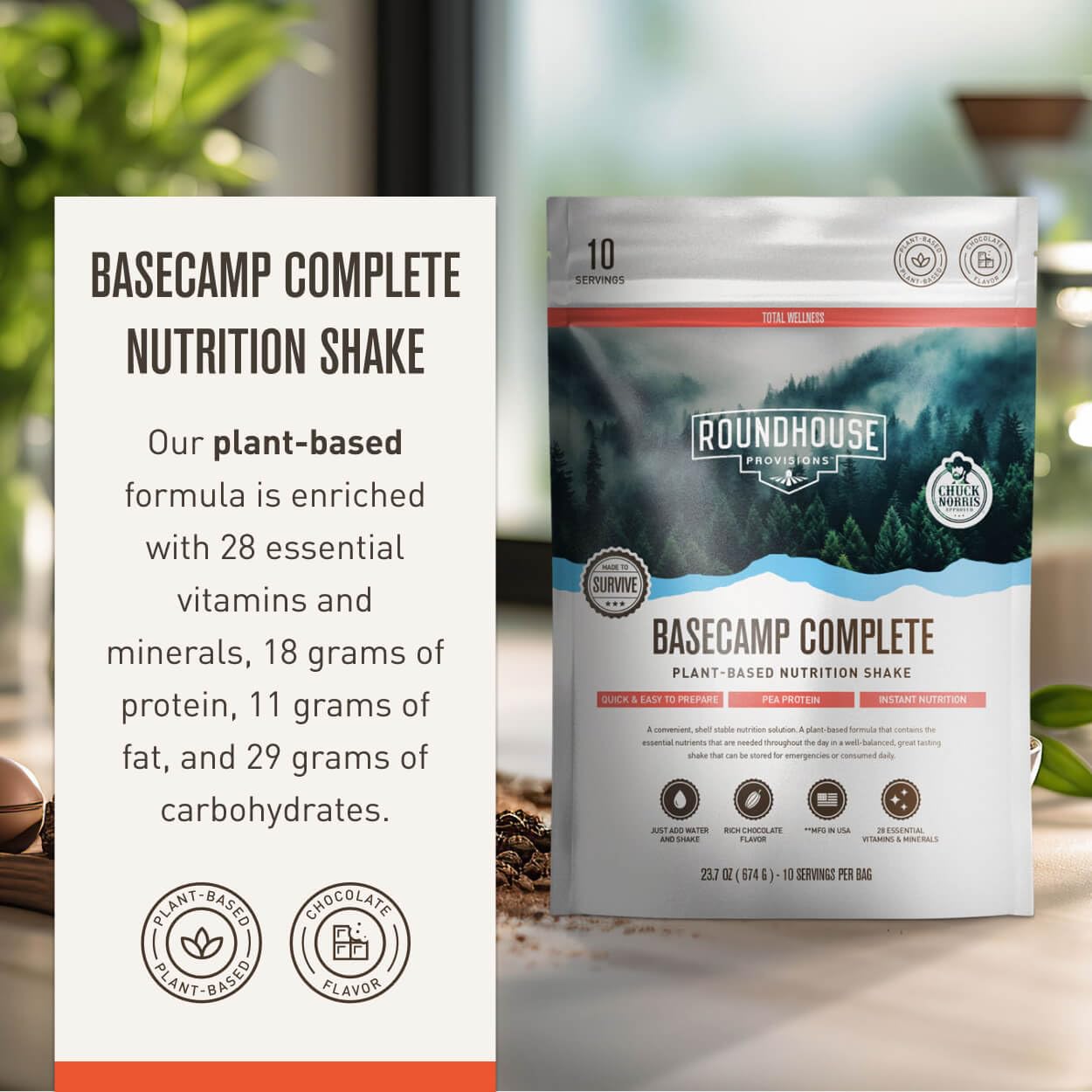 Basecamp Complete Nutrition Shake by Chuck Norris Roundhouse Provisions – Plant-Based Emergency Meal with 18g Protein & 28 Essential Nutrients – Rich Chocolate Flavor – 10 Servings, 3-Year Shelf Life - Maple Wellness Supplements