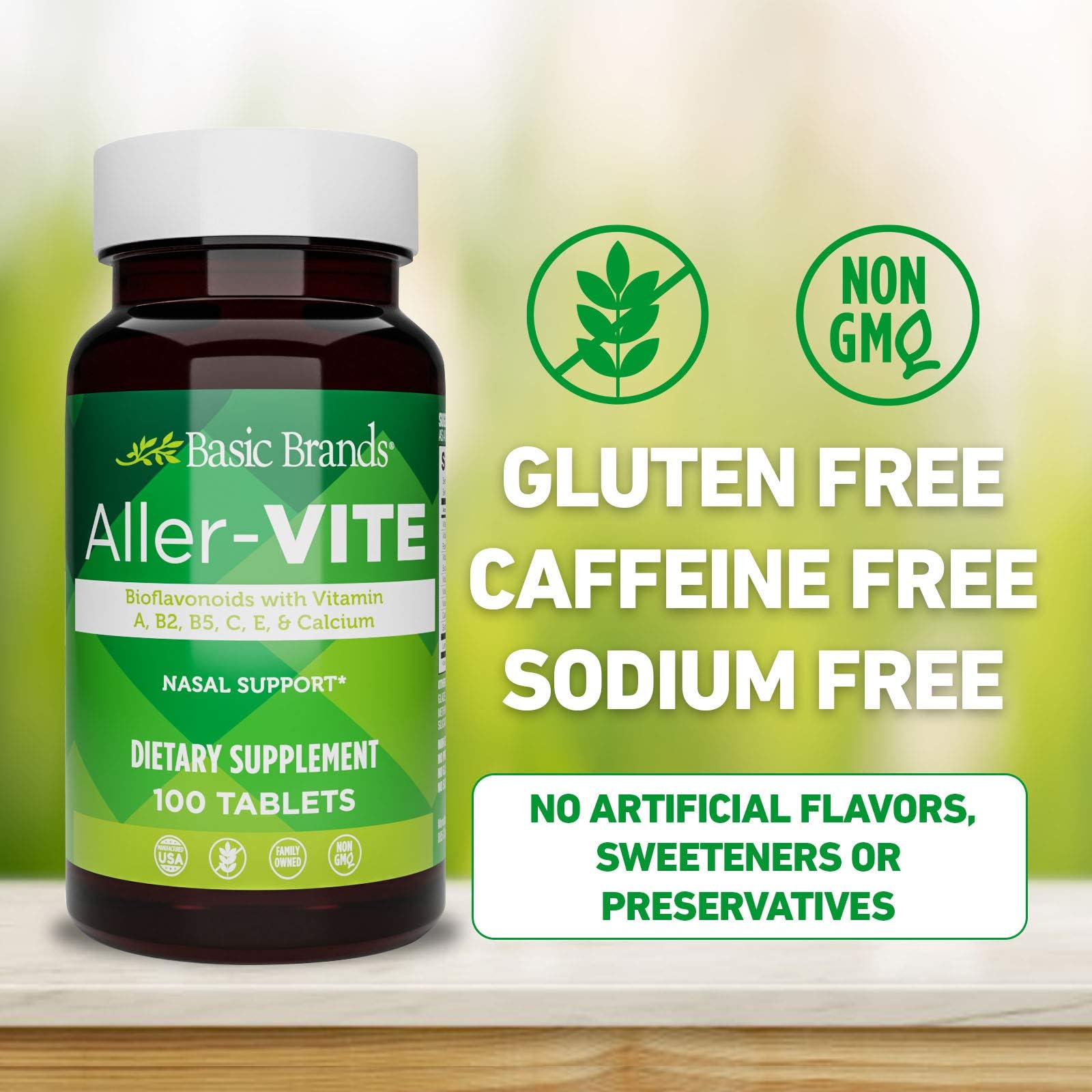 Basic Brands Aller Vite Nasal Support Tablets for Seasonal Allergy Relief, High Bioflavonoid Complex with Vitamins and Calcium, Gluten Free Daily Supplement, 100 Tablets - Maple Wellness Supplements