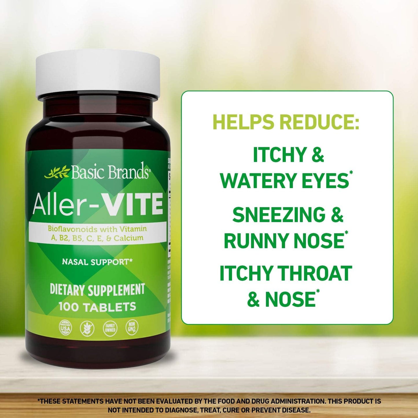 Basic Brands Aller Vite Nasal Support Tablets for Seasonal Allergy Relief, High Bioflavonoid Complex with Vitamins and Calcium, Gluten Free Daily Supplement, 100 Tablets - Maple Wellness Supplements