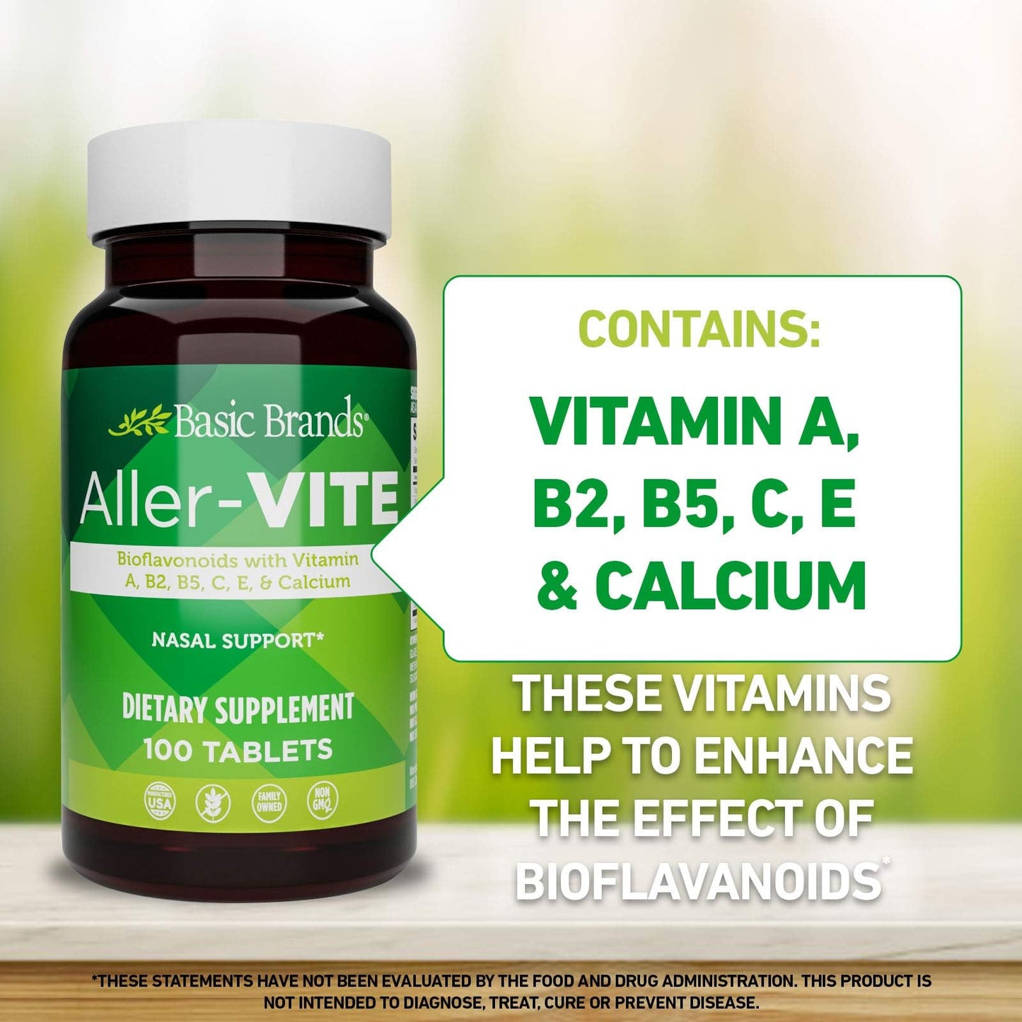 Basic Brands Aller Vite Nasal Support Tablets for Seasonal Allergy Relief, High Bioflavonoid Complex with Vitamins and Calcium, Gluten Free Daily Supplement, 100 Tablets - Maple Wellness Supplements