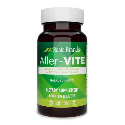 Basic Brands Aller Vite Nasal Support Tablets for Seasonal Allergy Relief, High Bioflavonoid Complex with Vitamins and Calcium, Gluten Free Daily Supplement, 100 Tablets - Maple Wellness Supplements