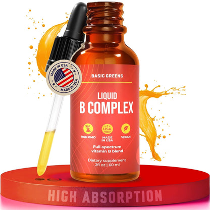 BASIC GREENS Vitamin B Complex Liquid Drops - Strength Sublingual Formula, Maximizes Absorption & Boosts Energy - B1, B2, B3, B5, B6, B7, B9, B12 - Natural Vegan Supplement - Maple Wellness Supplements