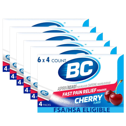 BC Headache Relief Powder, Dual-Action Formula with Aspirin & Caffeine Eases Aches & Pains, Cherry Flavor, 4 Count, Pack of 6 - Maple Wellness Supplements
